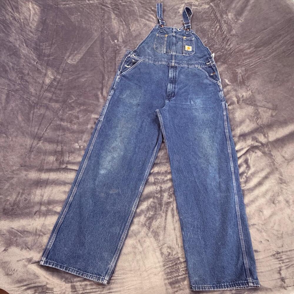 VTG Carhartt Men’s Sz 40x30 Overalls Denim Made In USA Distressed W/ Stains Work